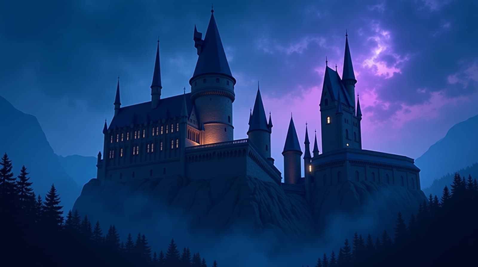 Castelo de Hogwarts iluminado por aurora violeta no crepúsculo