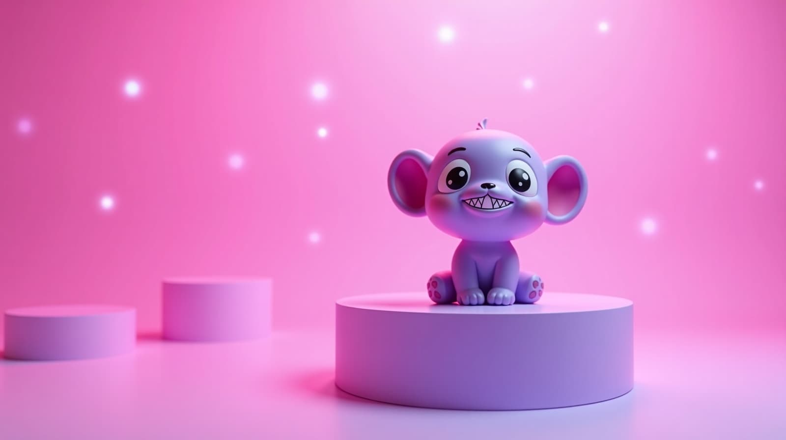 Figura vinil colorida em pódio rosa com partículas brilhantes