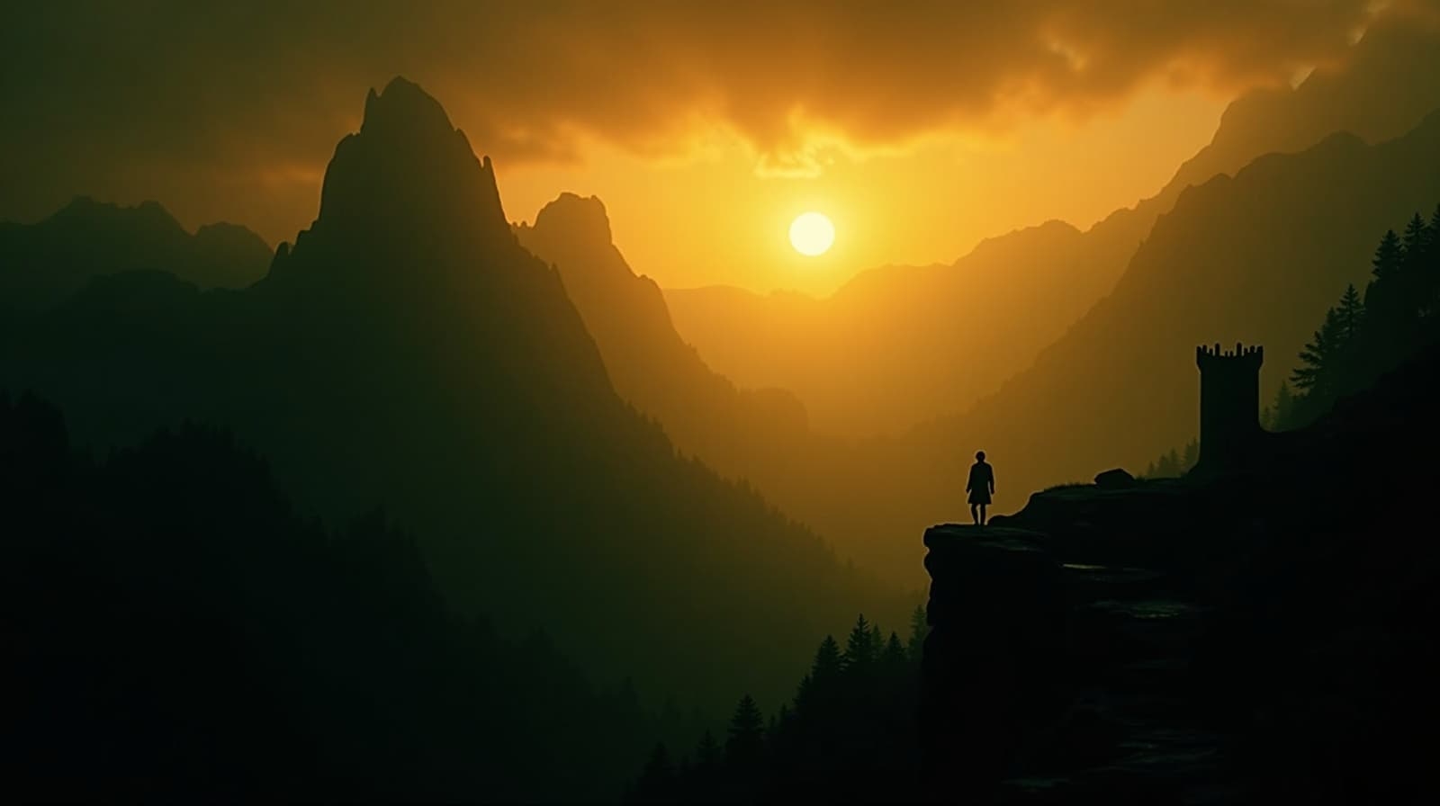 Viajante solitário contemplando montanhas ao nascer do sol
