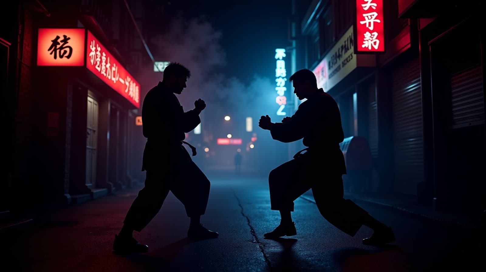 Silhuetas de lutadores em beco neon à noite